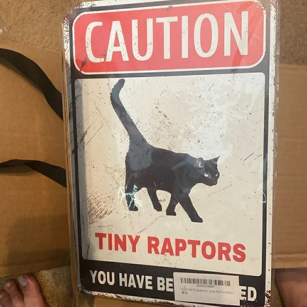 Caution Tiny Raptors Metal Sign - Humorous Black Cat Warning Sign for Home